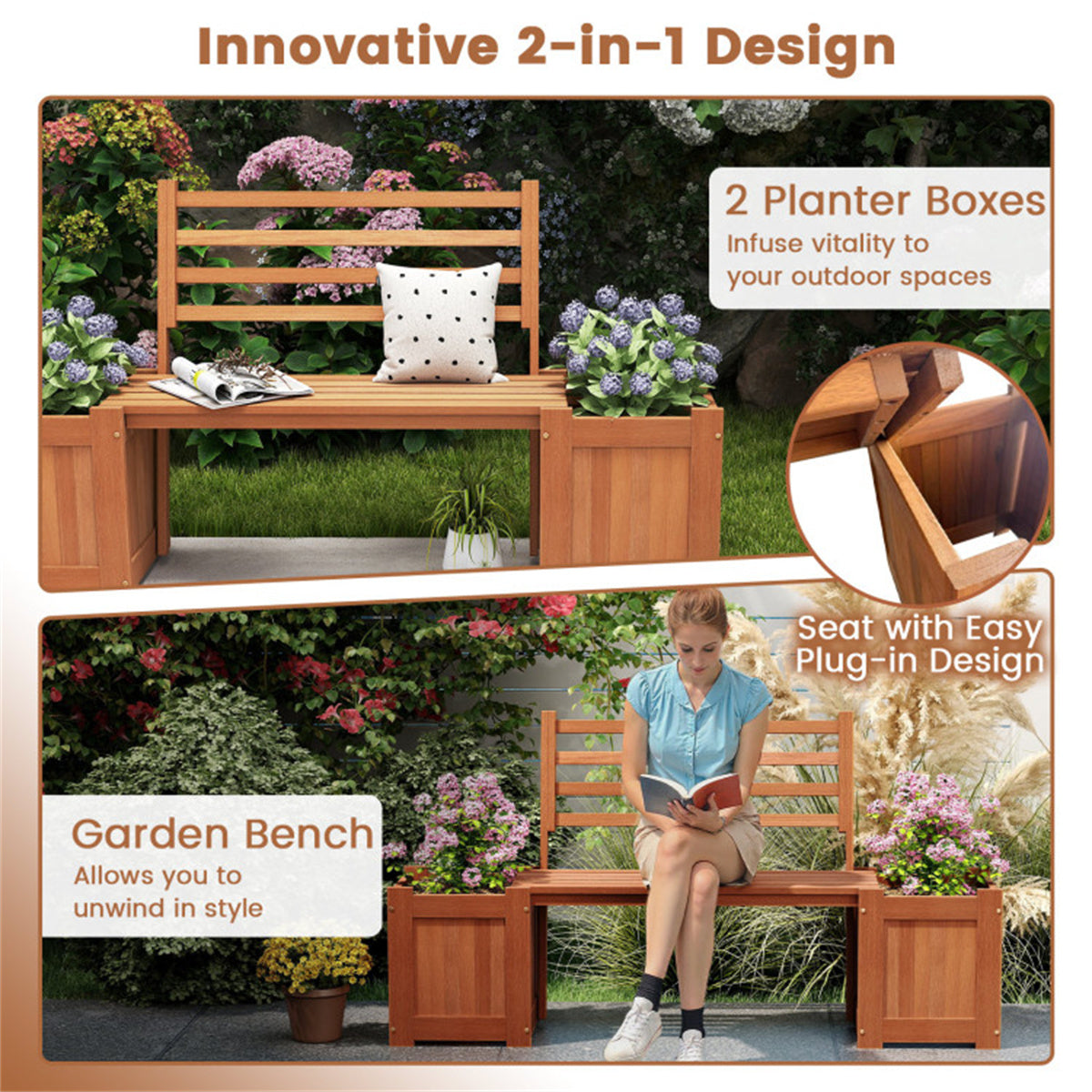 Garden Bench with Planter Boxes - Hardwood Build (Wear-Resistant), Displays Faux Trees/Potted Plants, Enhances Outdoor Aesthetic