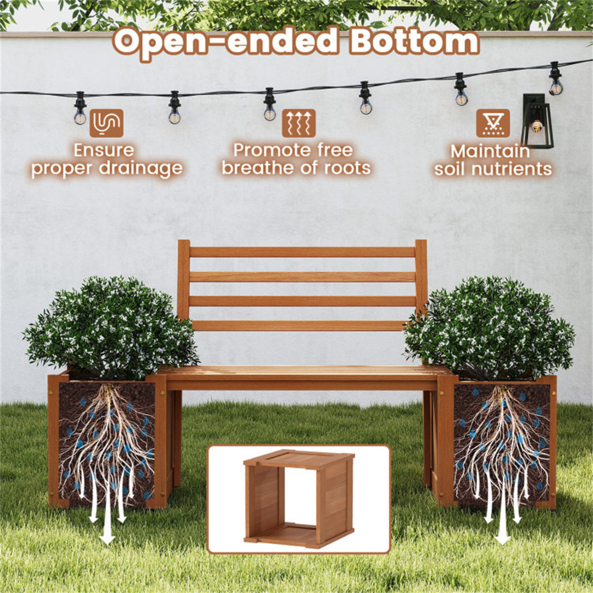 Garden Bench with Planter Boxes - Hardwood Build (Wear-Resistant), Displays Faux Trees/Potted Plants, Enhances Outdoor Aesthetic