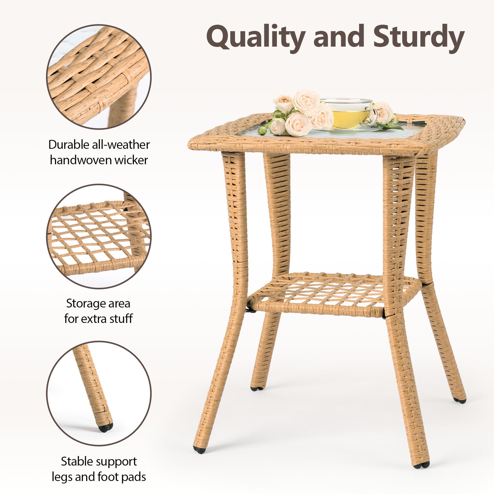 Outdoor Wicker Side Table, Rattan End Table with Glass Top, Patio Coffee Bistro Table for Indoor Garden Porch Balcony, Beige