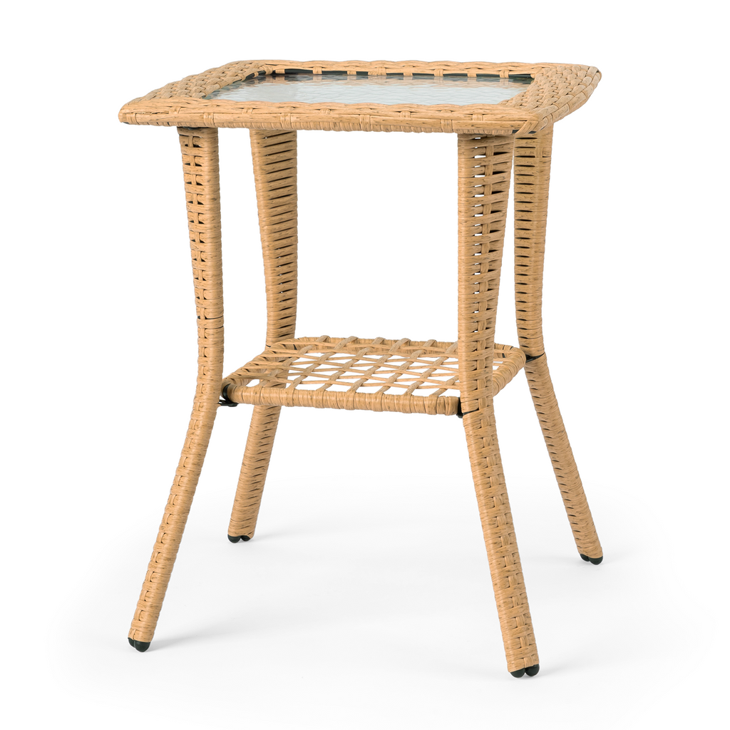 Outdoor Wicker Side Table, Rattan End Table with Glass Top, Patio Coffee Bistro Table for Indoor Garden Porch Balcony, Beige