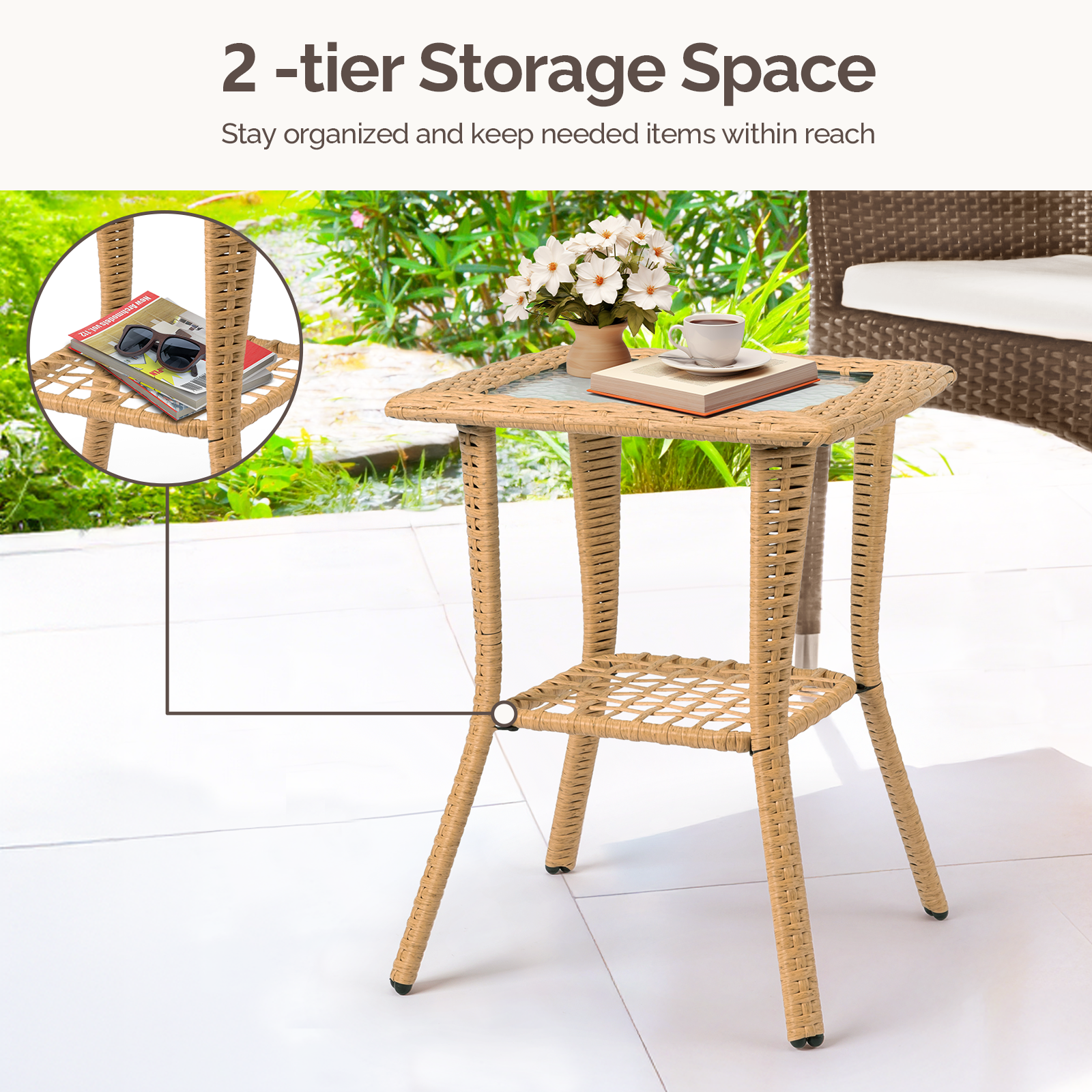 Outdoor Wicker Side Table, Rattan End Table with Glass Top, Patio Coffee Bistro Table for Indoor Garden Porch Balcony, Beige