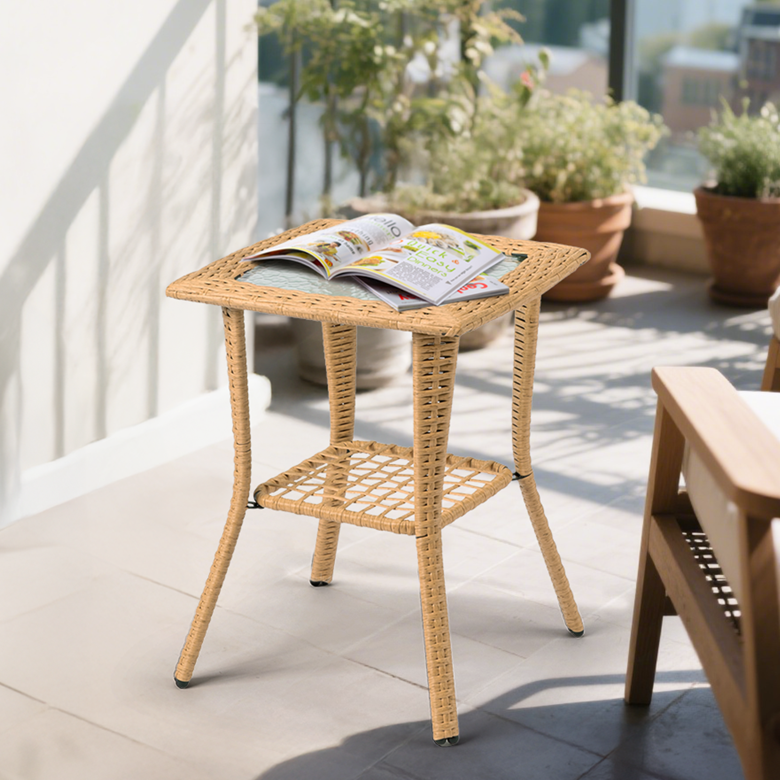 Outdoor Wicker Side Table, Rattan End Table with Glass Top, Patio Coffee Bistro Table for Indoor Garden Porch Balcony, Beige