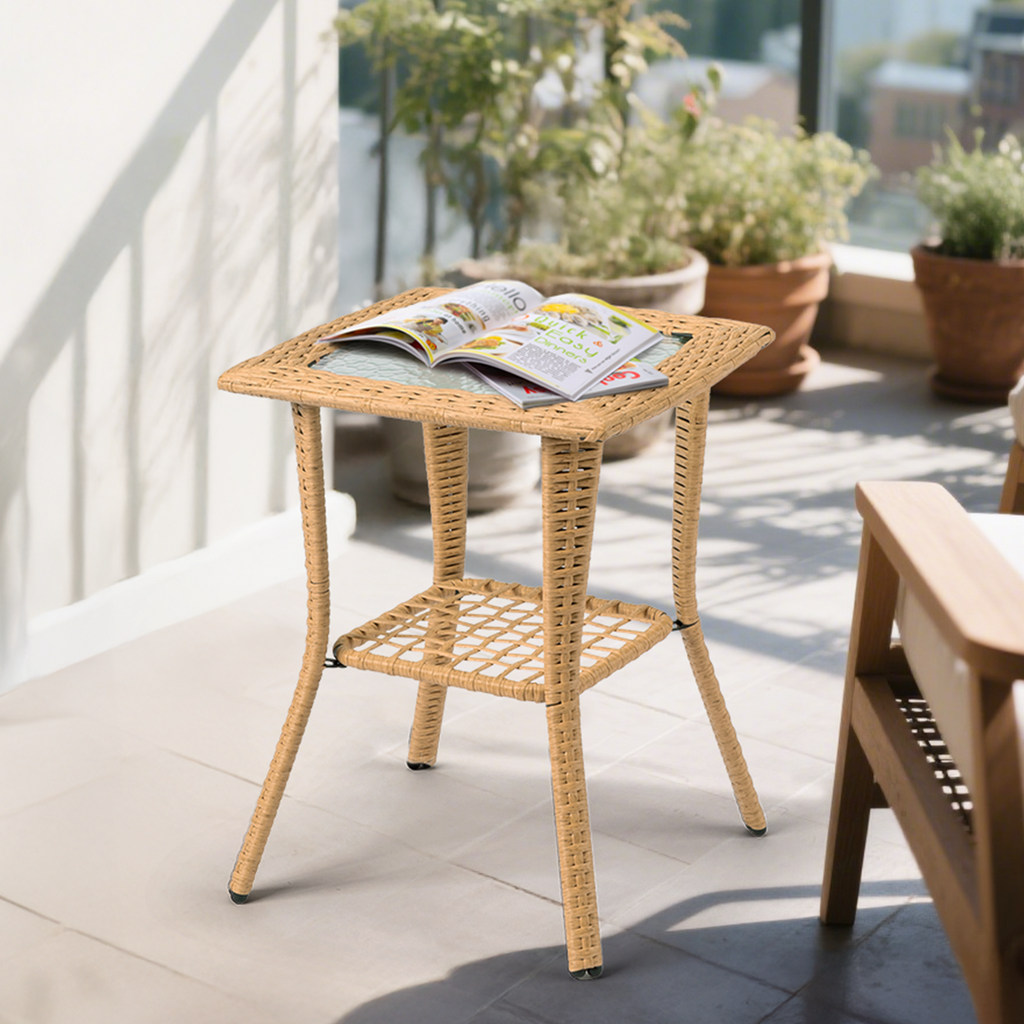 Outdoor Wicker Side Table, Rattan End Table with Glass Top, Patio Coffee Bistro Table for Indoor Garden Porch Balcony, Beige