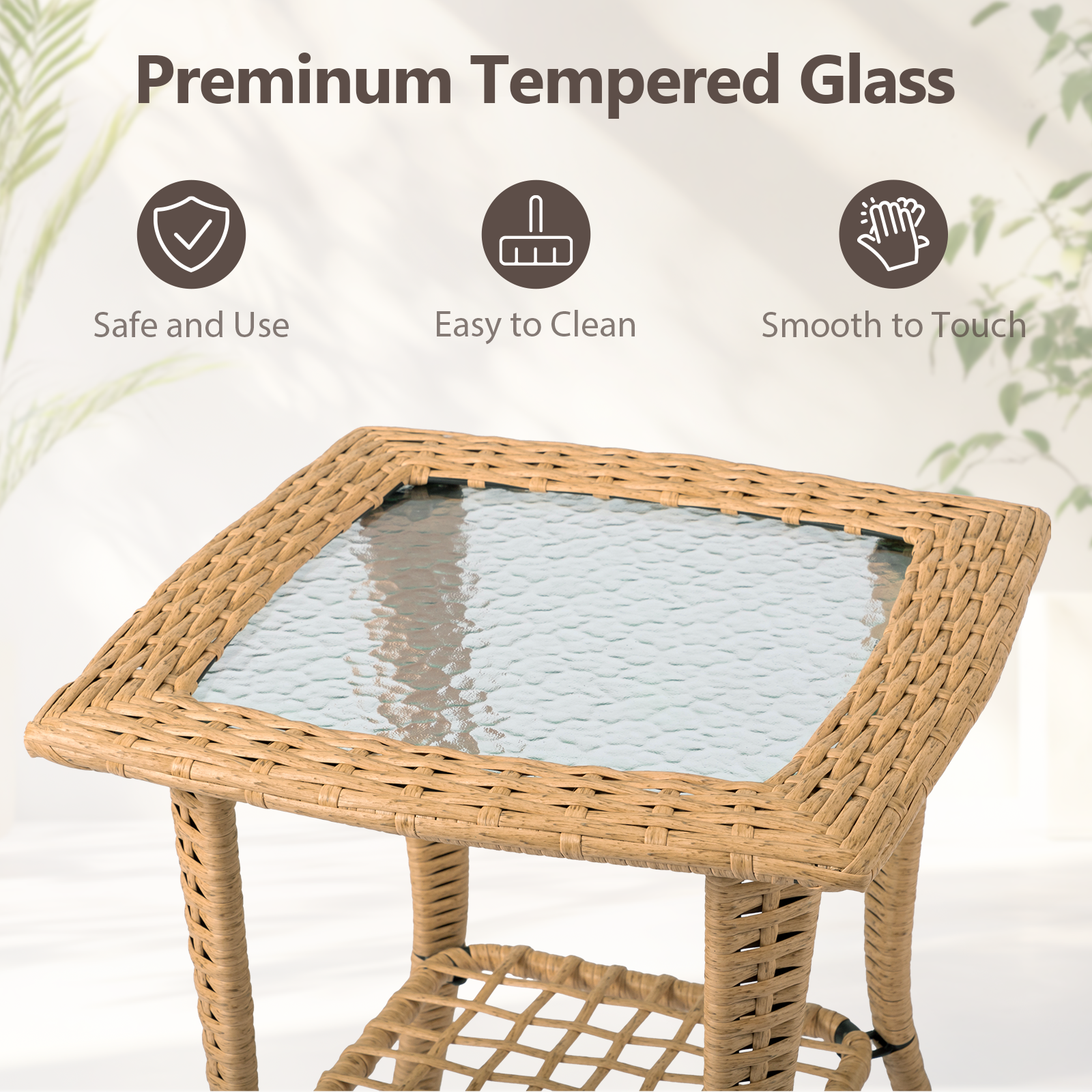 Outdoor Wicker Side Table, Rattan End Table with Glass Top, Patio Coffee Bistro Table for Indoor Garden Porch Balcony, Beige