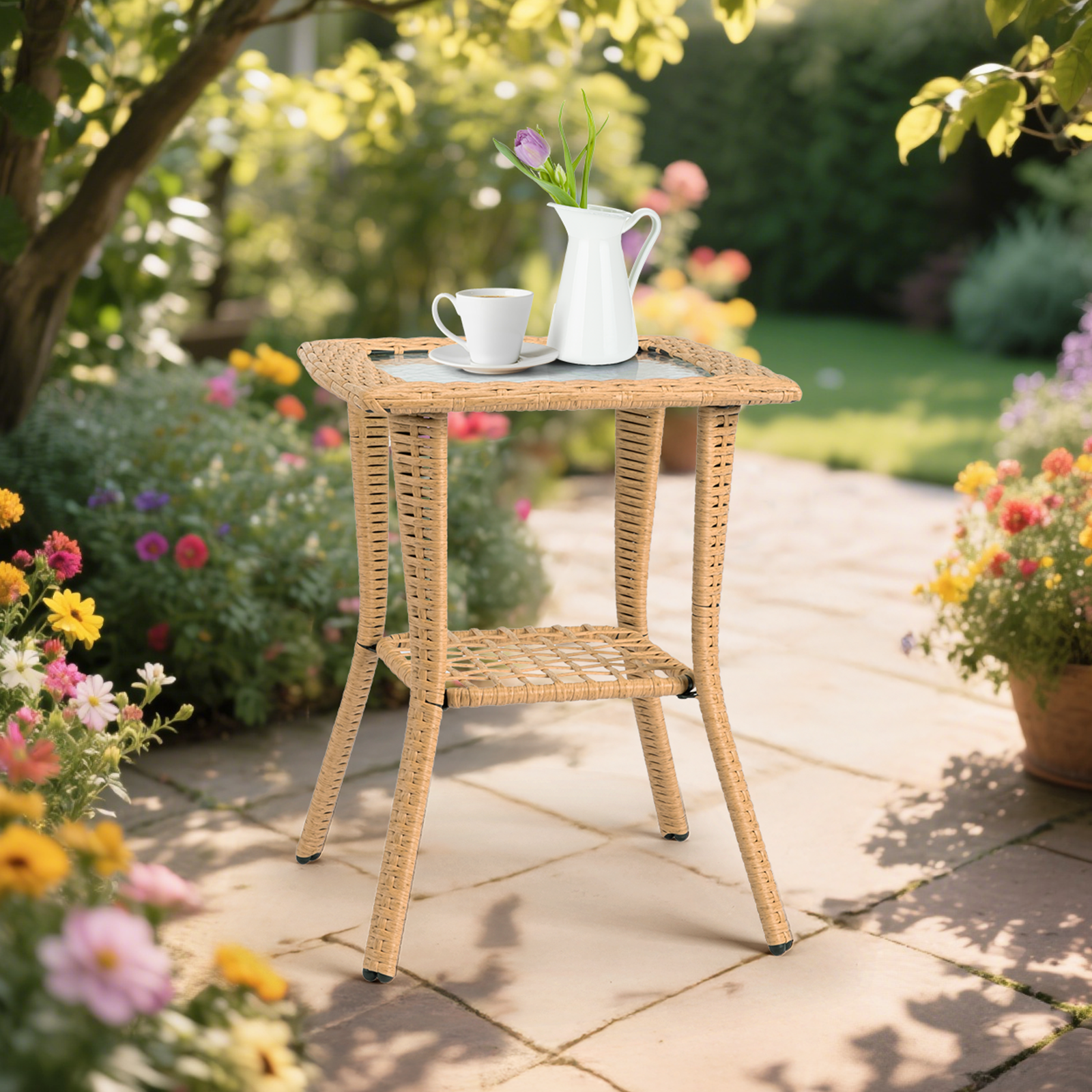 Outdoor Wicker Side Table, Rattan End Table with Glass Top, Patio Coffee Bistro Table for Indoor Garden Porch Balcony, Beige