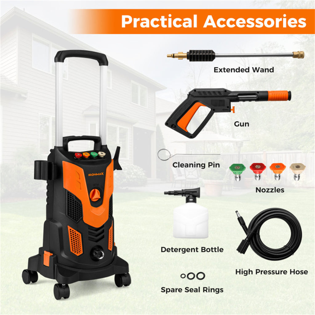 Orange Black 2300 PSI Electric Pressure Washer with 4 Quick-Connect Nozzles & Soap Bottle, 1900W High-Power Cleaner for Driveway Patio