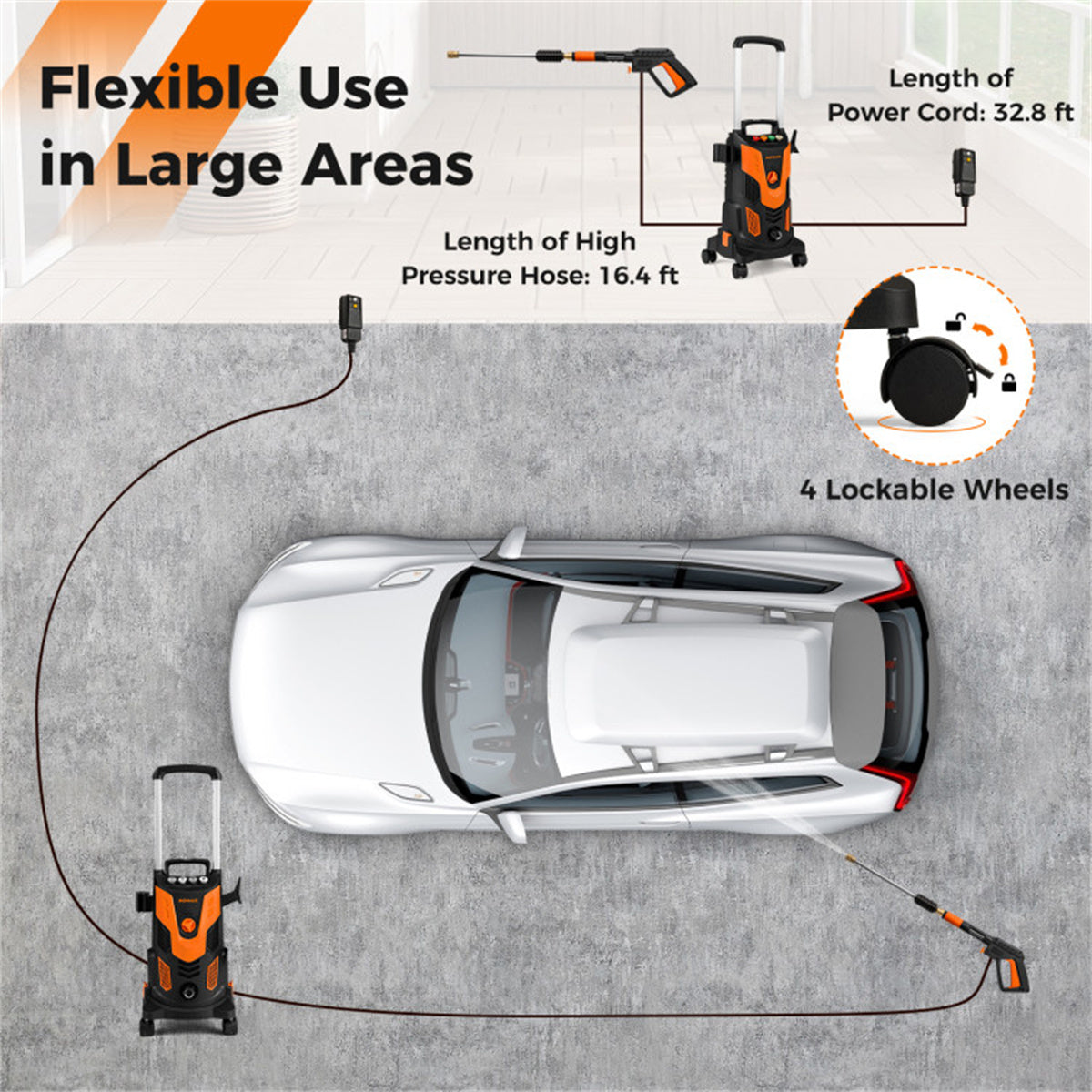 Orange Black 2300 PSI Electric Pressure Washer with 4 Quick-Connect Nozzles & Soap Bottle, 1900W High-Power Cleaner for Driveway Patio