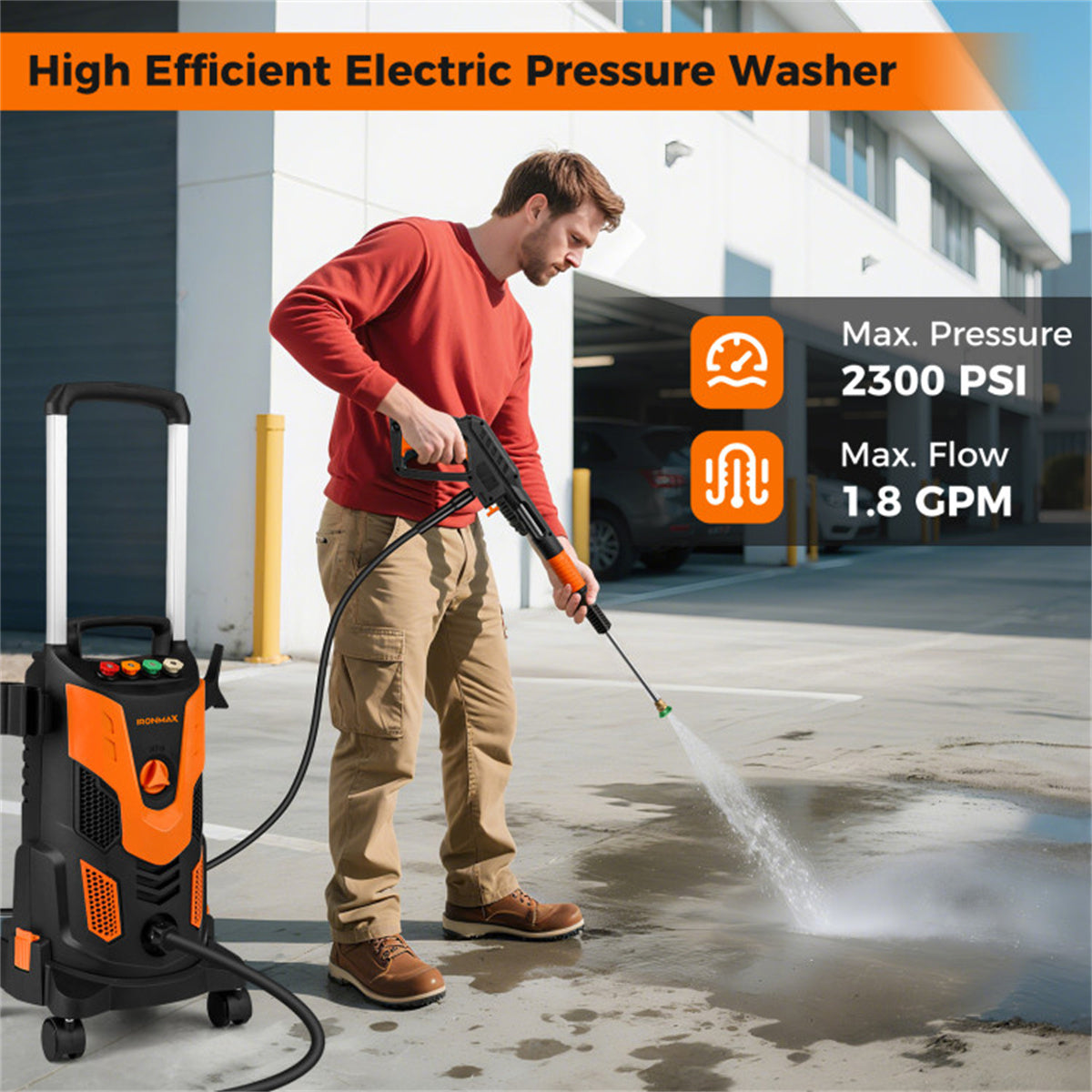 Orange Black 2300 PSI Electric Pressure Washer with 4 Quick-Connect Nozzles & Soap Bottle, 1900W High-Power Cleaner for Driveway Patio