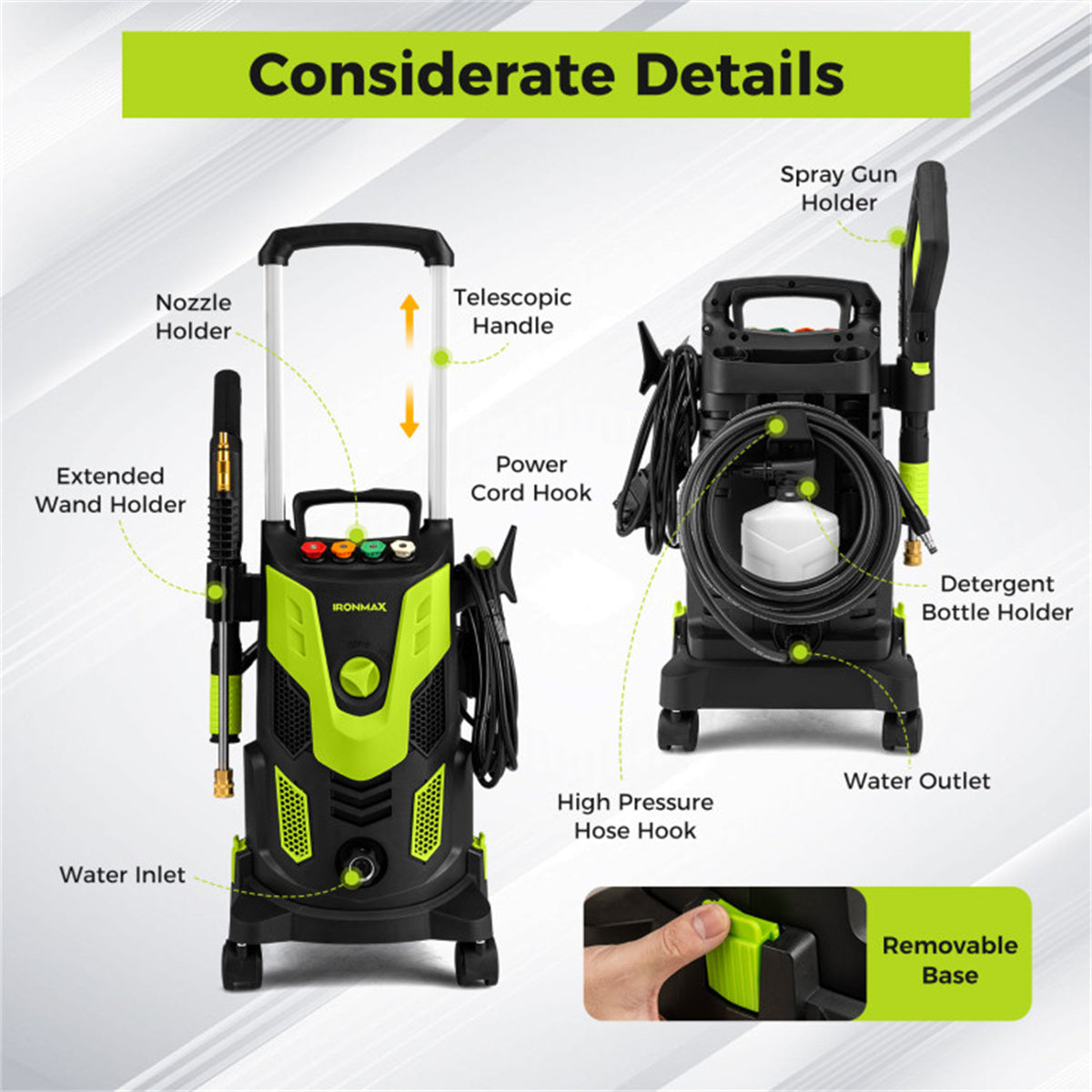 Green Black 2300 PSI Electric Pressure Washer with 4 Quick-Connect Nozzles & Soap Bottle, 1900W High-Power Cleaner for Driveway Patio
