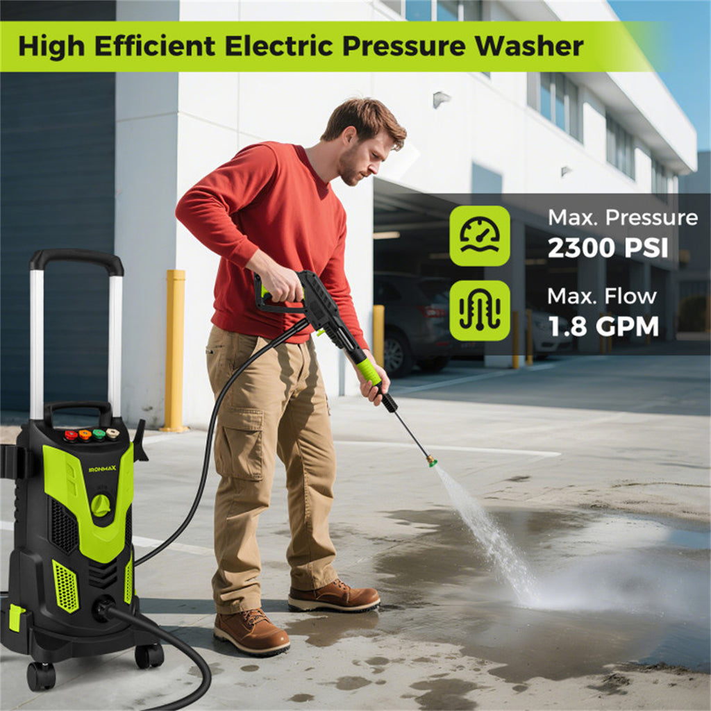 Green Black 2300 PSI Electric Pressure Washer with 4 Quick-Connect Nozzles & Soap Bottle, 1900W High-Power Cleaner for Driveway Patio