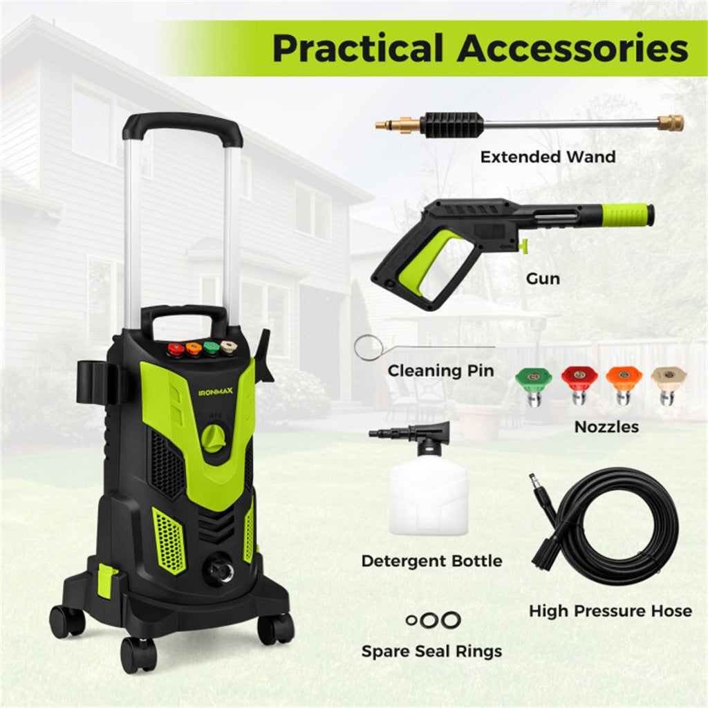 Green Black 2300 PSI Electric Pressure Washer with 4 Quick-Connect Nozzles & Soap Bottle, 1900W High-Power Cleaner for Driveway Patio