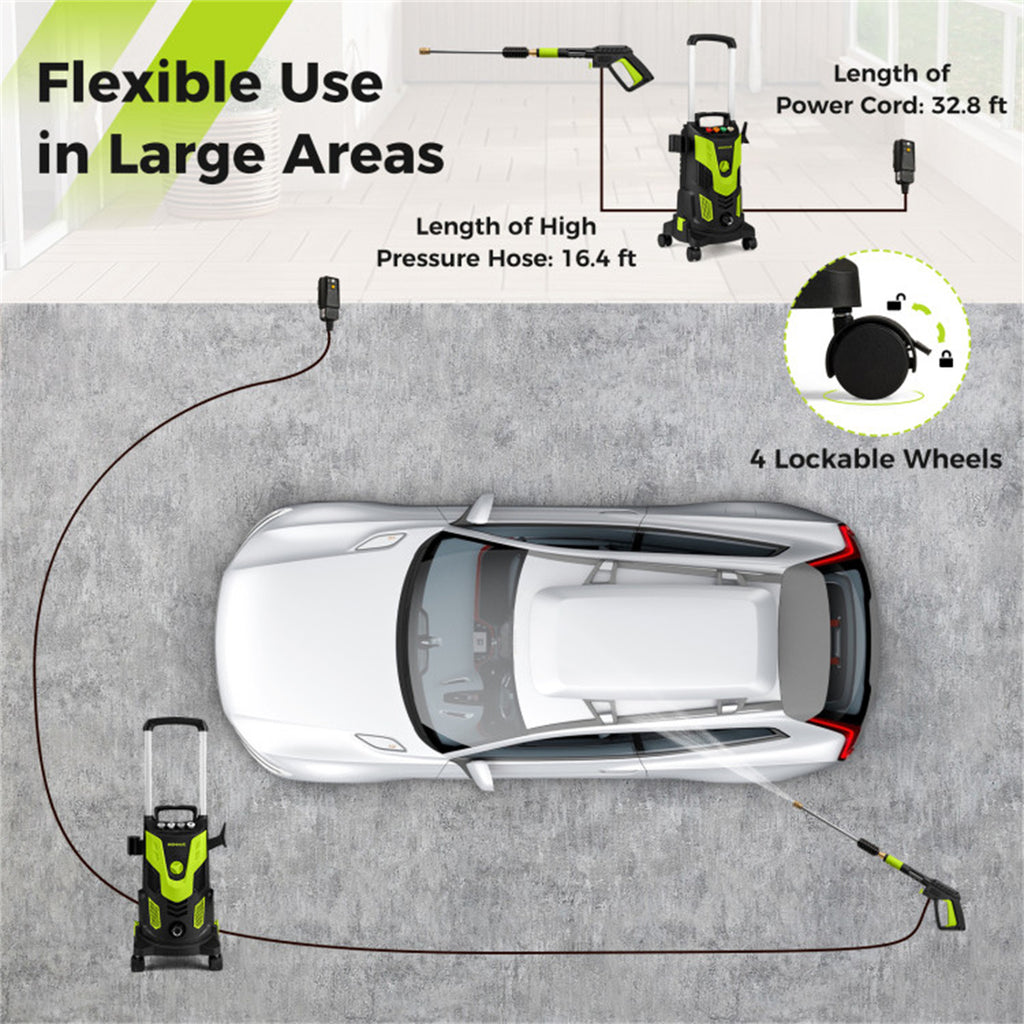 Green Black 2300 PSI Electric Pressure Washer with 4 Quick-Connect Nozzles & Soap Bottle, 1900W High-Power Cleaner for Driveway Patio
