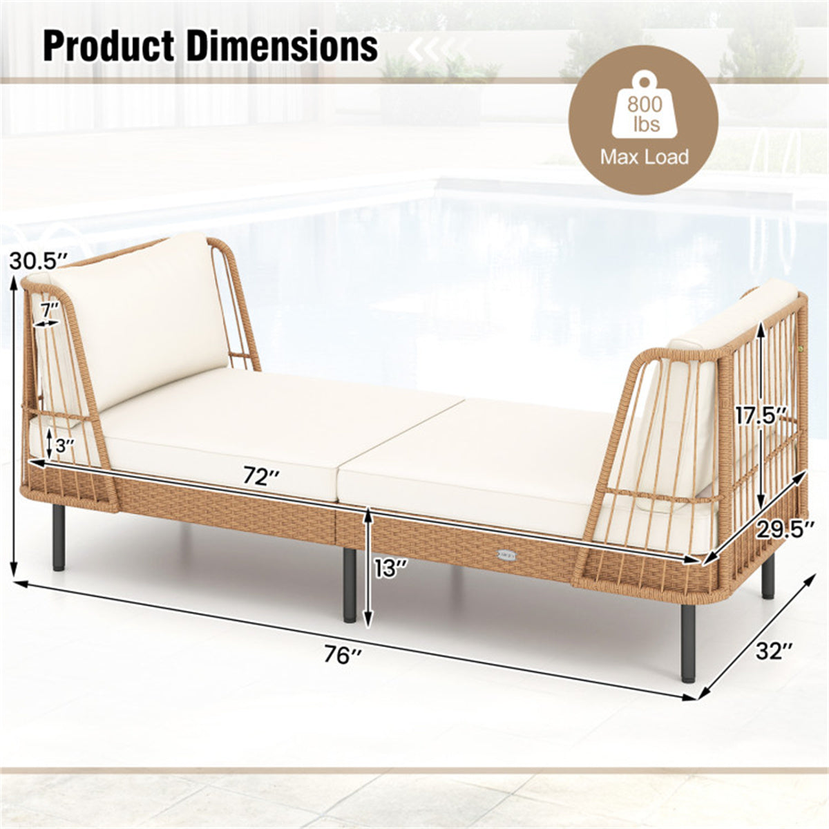 2-Seat Outdoor PE Wicker Daybed, Dual-Function Backrest Armrest Patio Loveseat