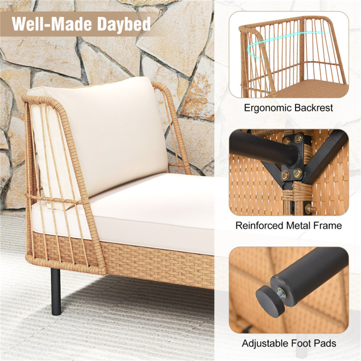 2-Seat Outdoor PE Wicker Daybed, Dual-Function Backrest Armrest Patio Loveseat