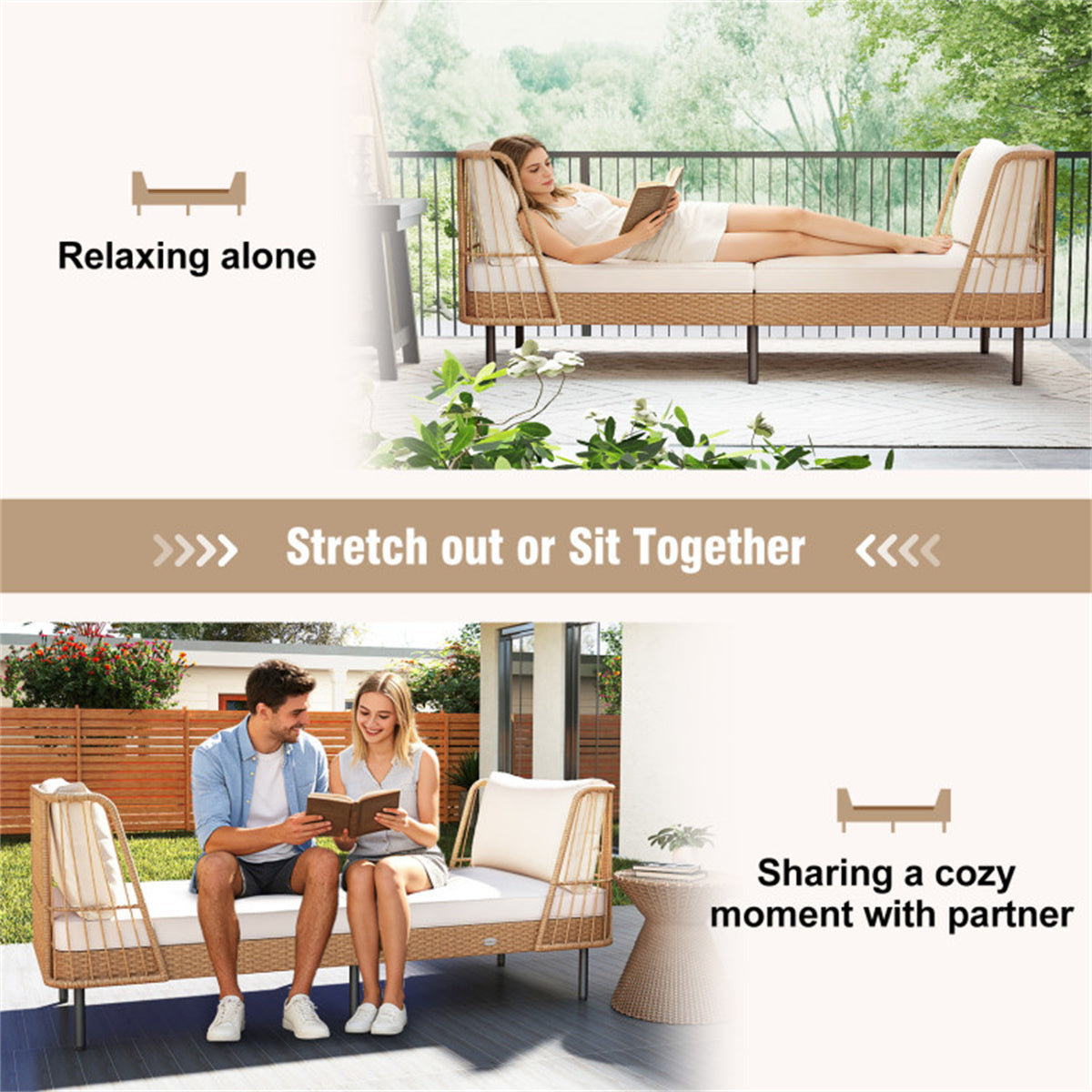 2-Seat Outdoor PE Wicker Daybed, Dual-Function Backrest Armrest Patio Loveseat
