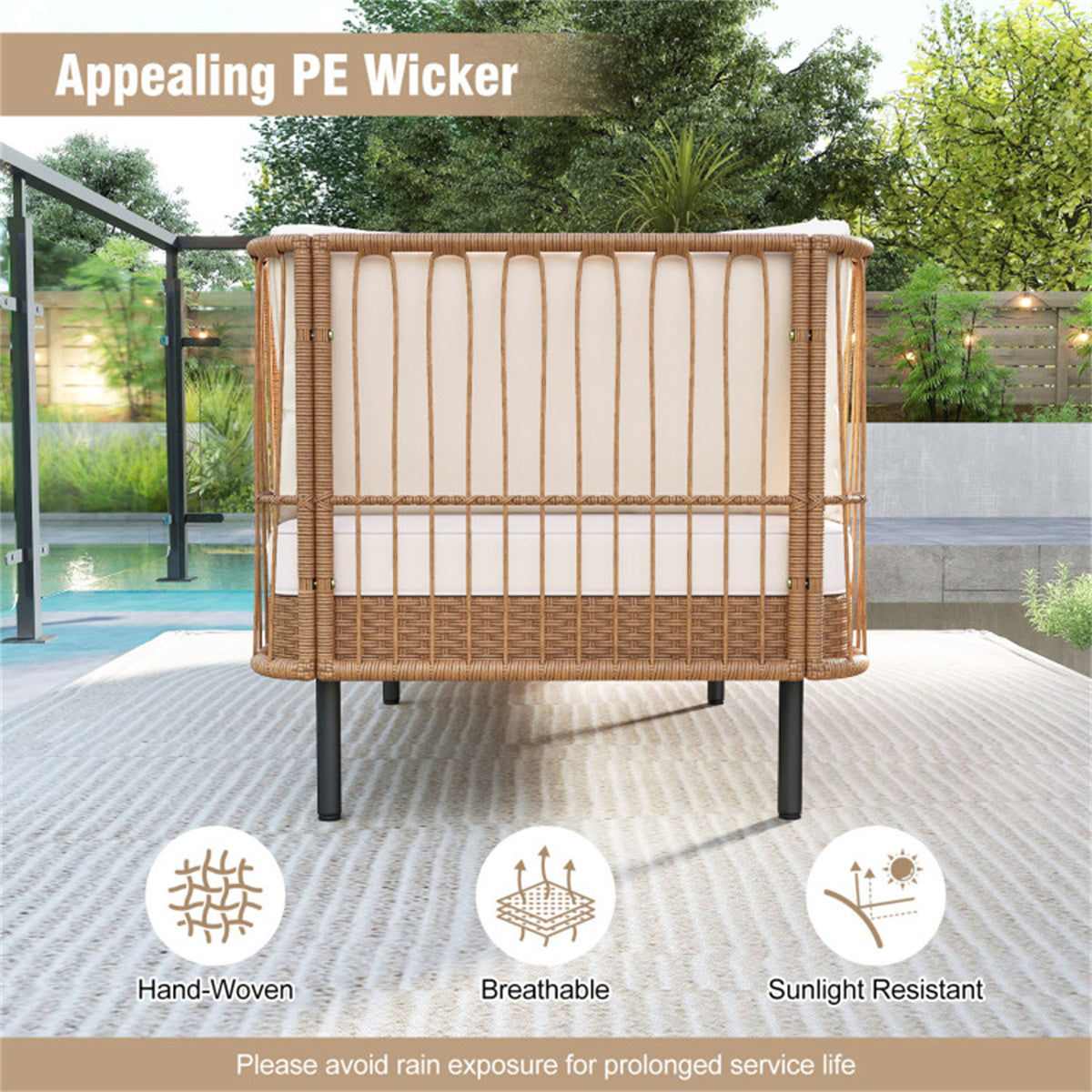 2-Seat Outdoor PE Wicker Daybed, Dual-Function Backrest Armrest Patio Loveseat