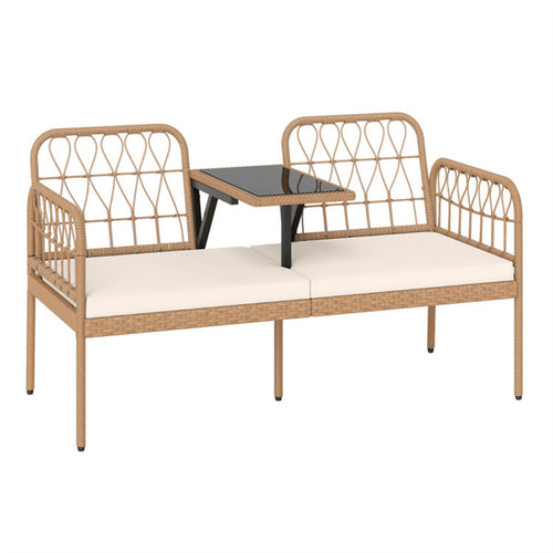 2-Person Outdoor PE Rattan Loveseat with Tempered Glass Coffee Table, 800 LBS Seat Capacity for Patio & Garden