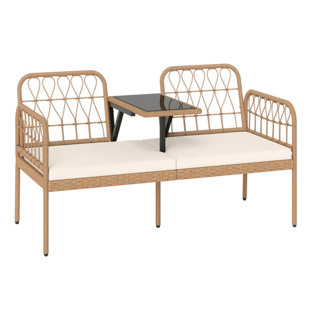2-Person Outdoor PE Rattan Loveseat with Tempered Glass Coffee Table, 800 LBS Seat Capacity for Patio & Garden