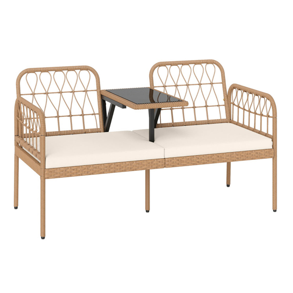 2-Person Outdoor PE Rattan Loveseat with Tempered Glass Coffee Table, 800 LBS Seat Capacity for Patio & Garden