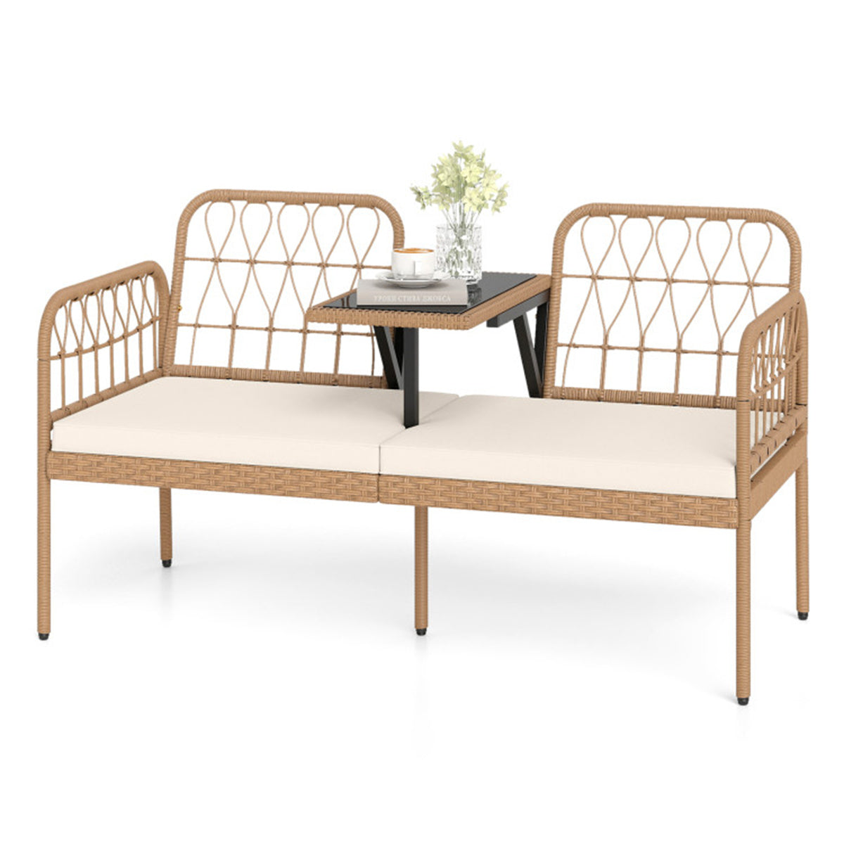 2-Person Outdoor PE Rattan Loveseat with Tempered Glass Coffee Table, 800 LBS Seat Capacity for Patio & Garden