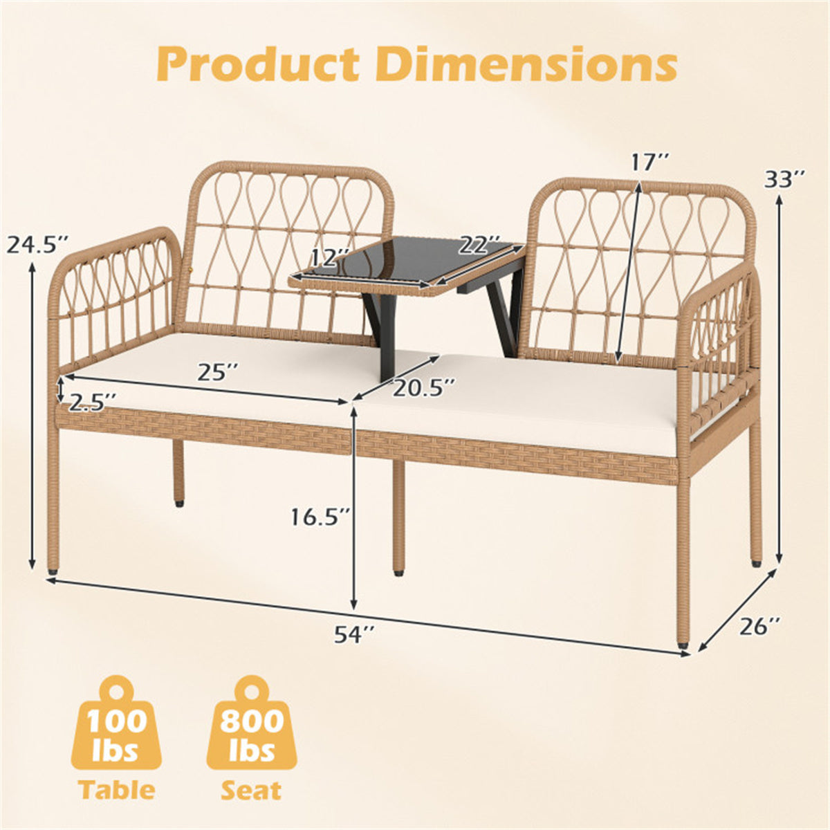 2-Person Outdoor PE Rattan Loveseat with Tempered Glass Coffee Table, 800 LBS Seat Capacity for Patio & Garden