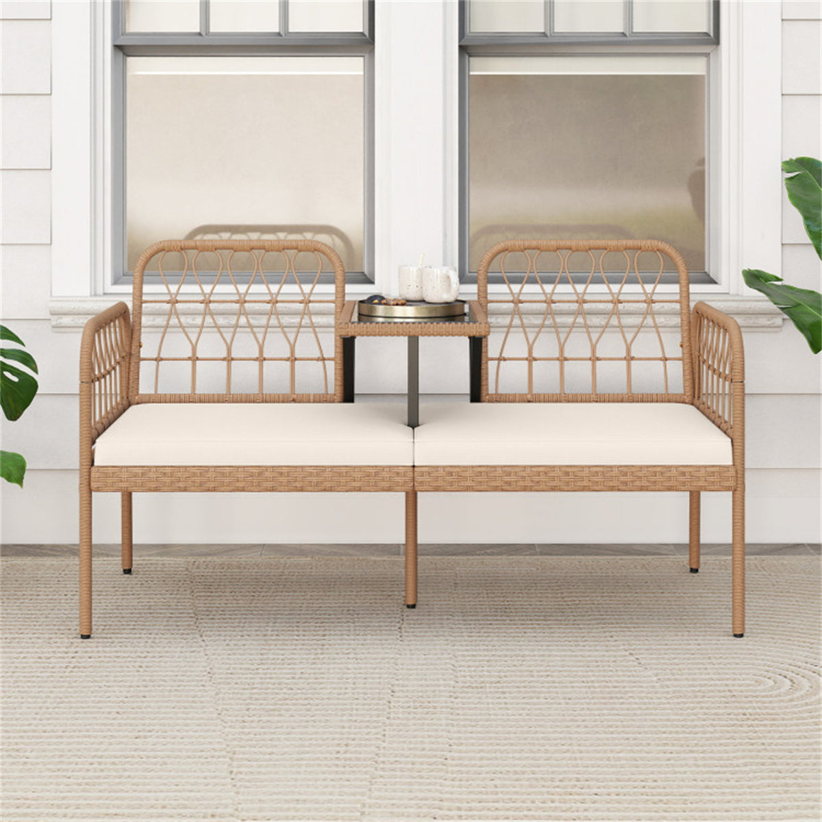 2-Person Outdoor PE Rattan Loveseat with Tempered Glass Coffee Table, 800 LBS Seat Capacity for Patio & Garden
