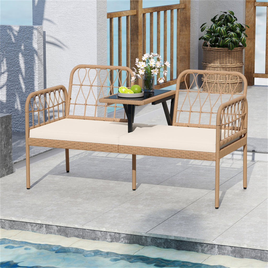 2-Person Outdoor PE Rattan Loveseat with Tempered Glass Coffee Table, 800 LBS Seat Capacity for Patio & Garden