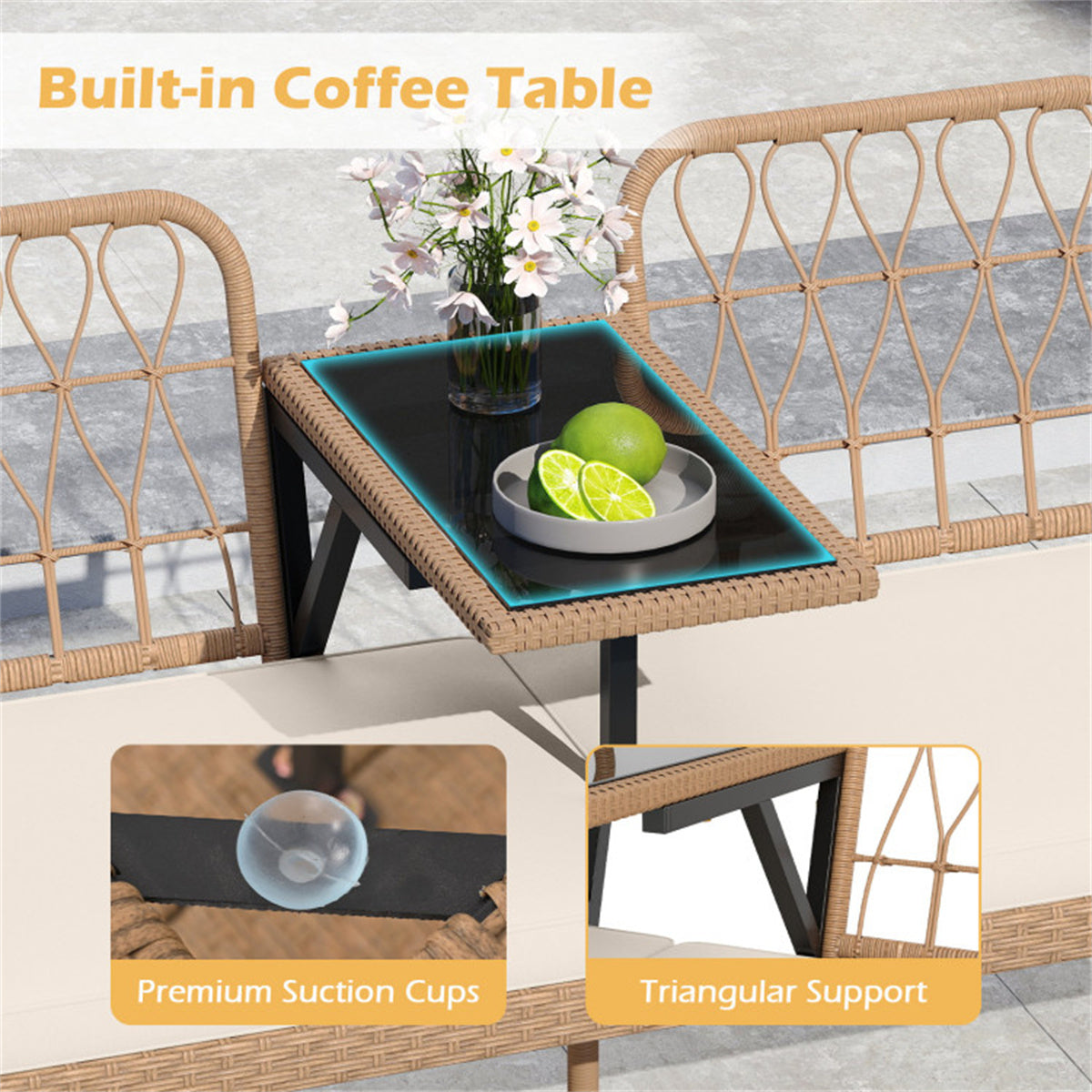 2-Person Outdoor PE Rattan Loveseat with Tempered Glass Coffee Table, 800 LBS Seat Capacity for Patio & Garden