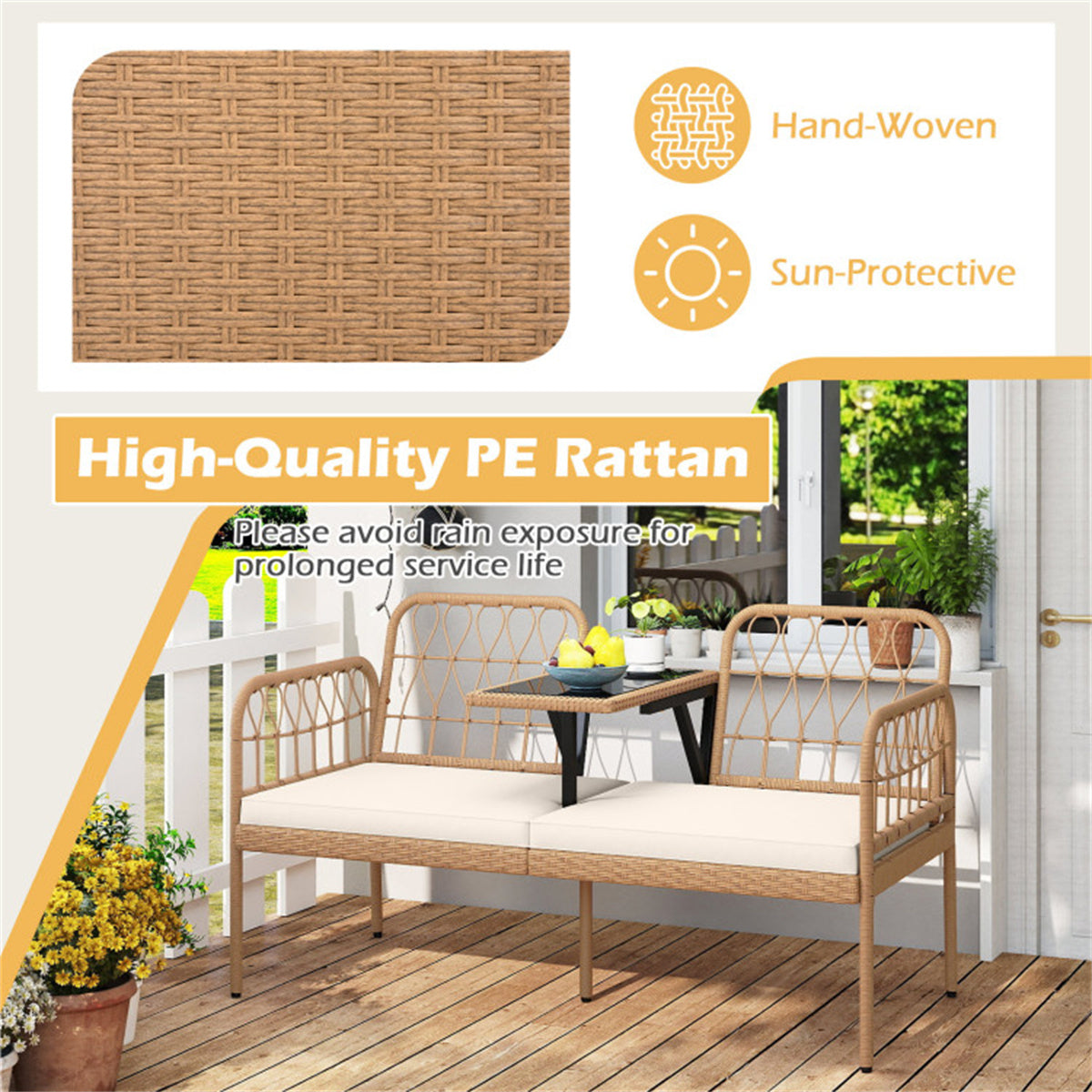 2-Person Outdoor PE Rattan Loveseat with Tempered Glass Coffee Table, 800 LBS Seat Capacity for Patio & Garden