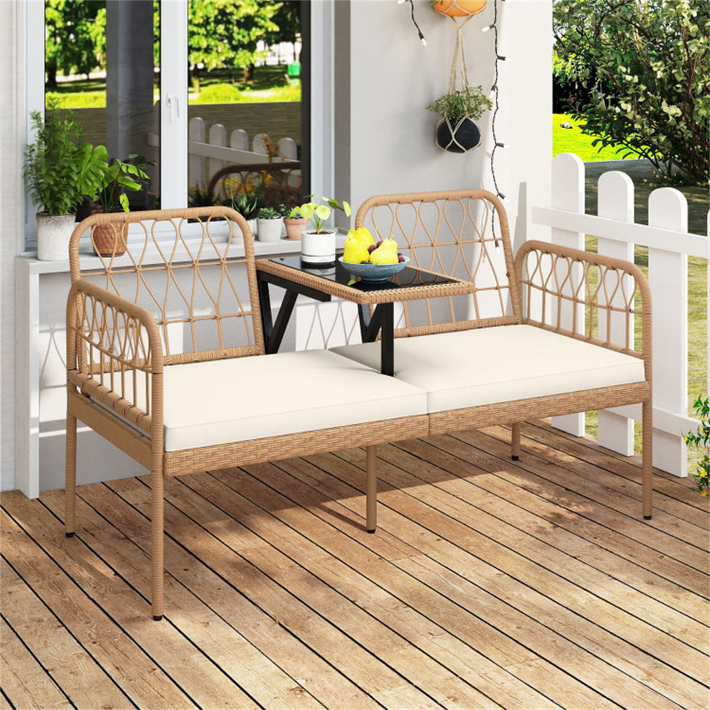 2-Person Outdoor PE Rattan Loveseat with Tempered Glass Coffee Table, 800 LBS Seat Capacity for Patio & Garden