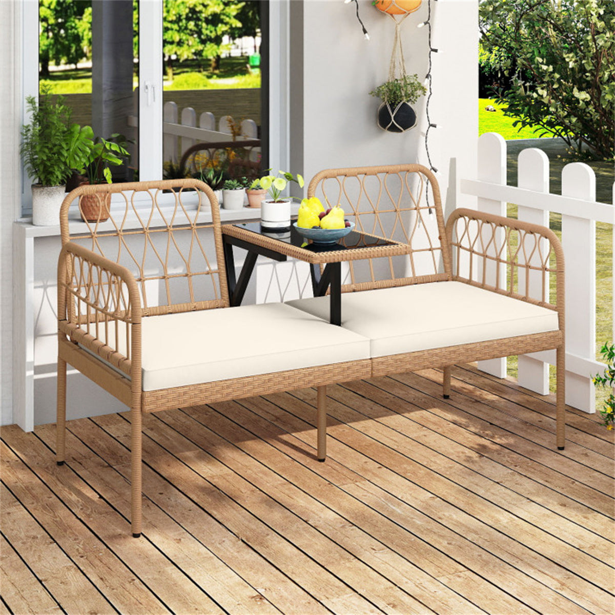 2-Person Outdoor PE Rattan Loveseat with Tempered Glass Coffee Table, 800 LBS Seat Capacity for Patio & Garden