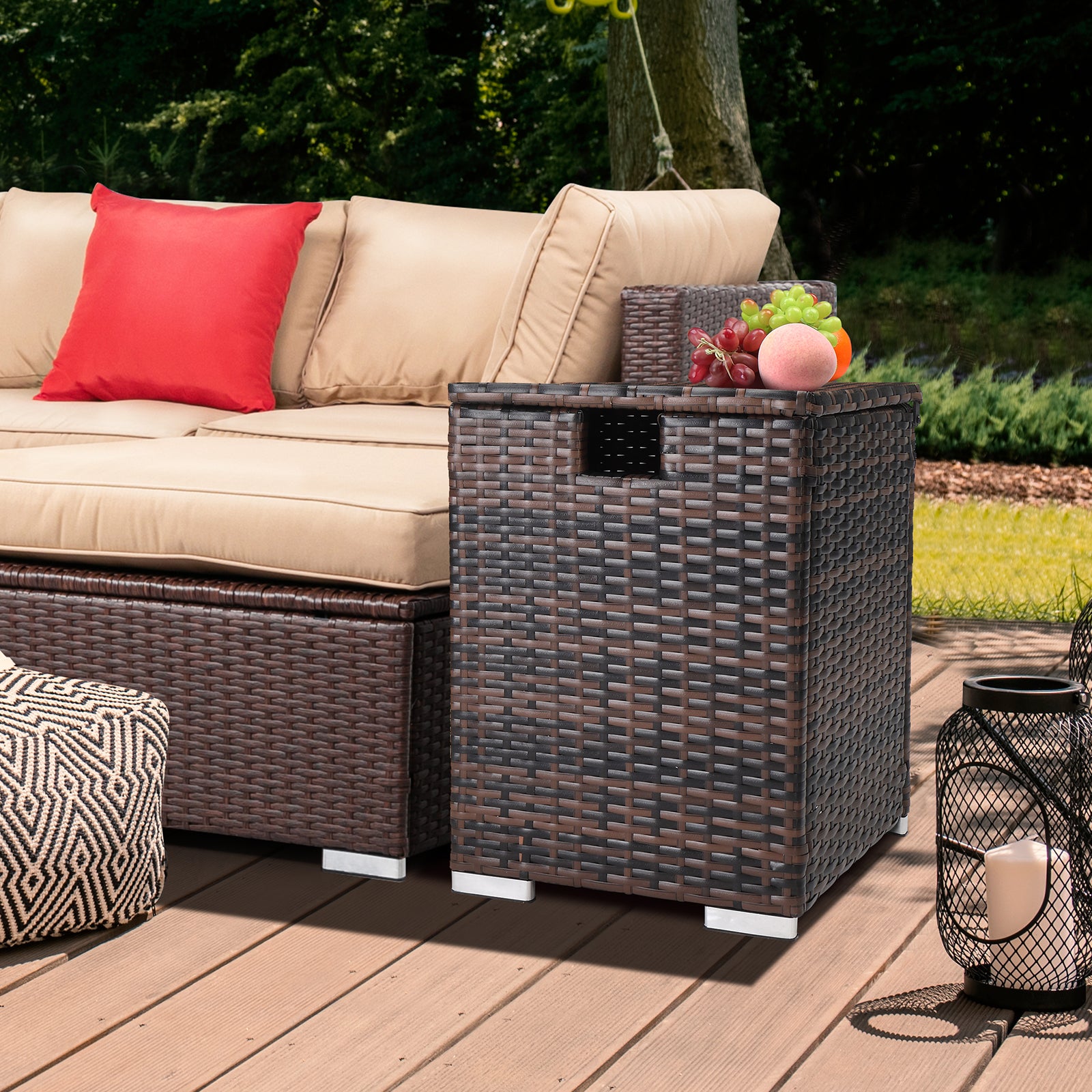 【Replace 95812680】40*40*57cm Iron Frame Gas Bottle Storage Rattan Side Table Brown Gradient
