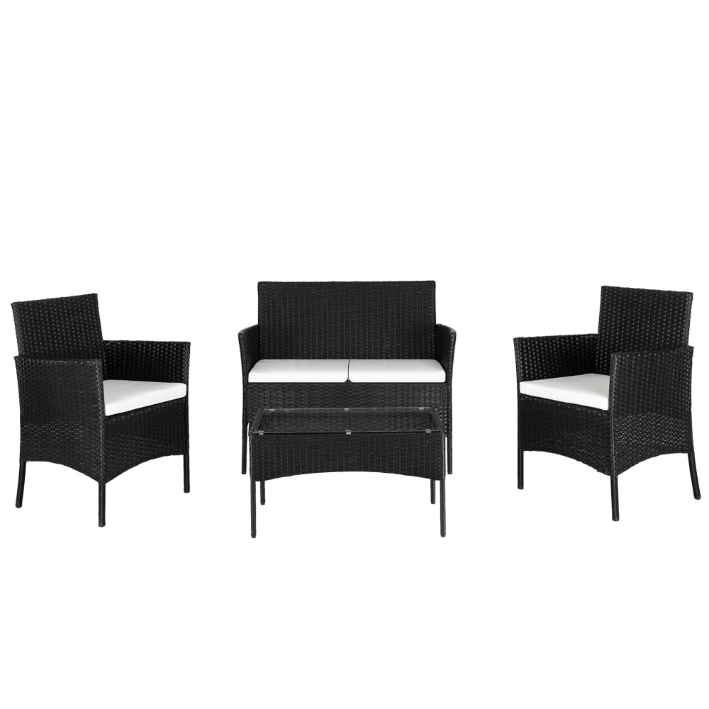 【Replace 47369505】2pcs Arm Chairs 1pc Love Seat & Tempered Glass Coffee Table Rattan Sofa Set Black