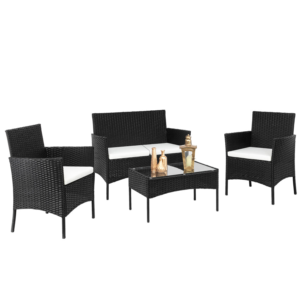 【Replace 47369505】2pcs Arm Chairs 1pc Love Seat & Tempered Glass Coffee Table Rattan Sofa Set Black