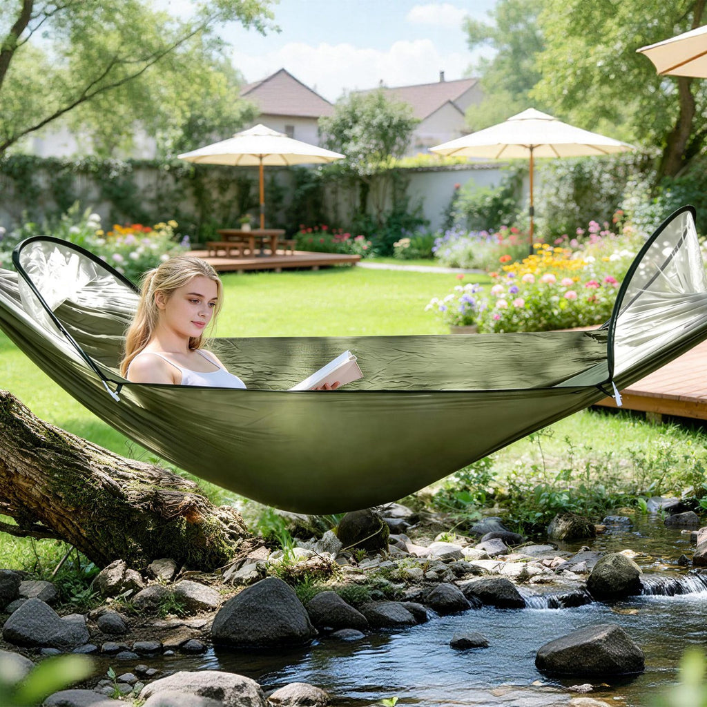 3-in-1 Camping Hammock with Automatic Pop-Up Mosquito Net, Lightweight 70D Nylon Portable Hammock Supports 440lbs, Dual Zipper Outdoor Hammock for Camping Hiking Backpacking Beach Backyard