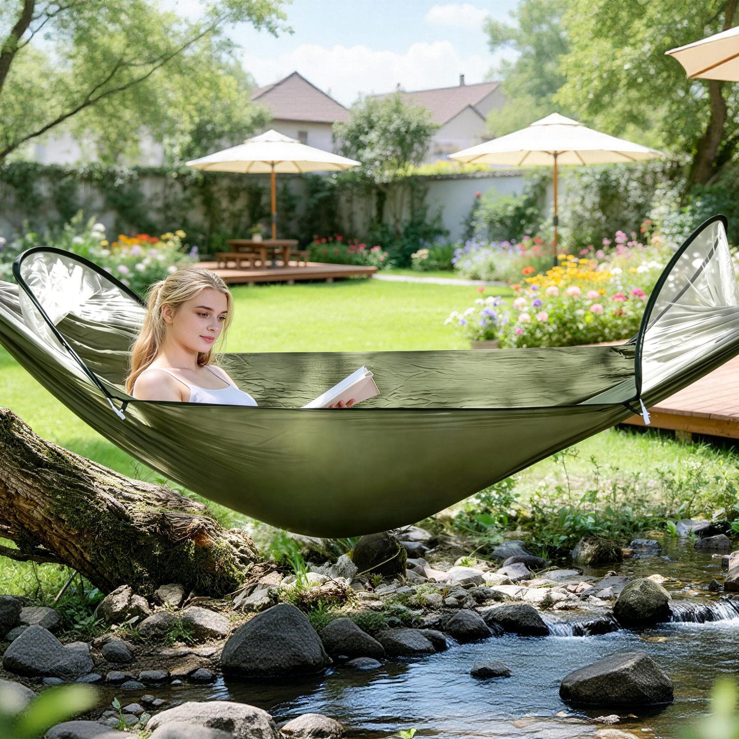 3-in-1 Camping Hammock with Automatic Pop-Up Mosquito Net, Lightweight 70D Nylon Portable Hammock Supports 440lbs, Dual Zipper Outdoor Hammock for Camping Hiking Backpacking Beach Backyard