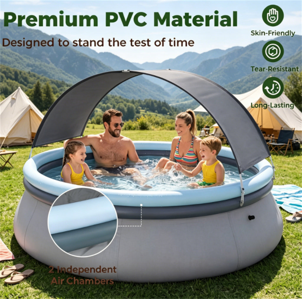 118” x 68” Large Capacity Outdoor Inflatable Pool with Sunshade Tent, Tear‑Resistant PVC Blow‑Up Pool with Repair Kit, 6‑Person Portable Family Swimming Pool