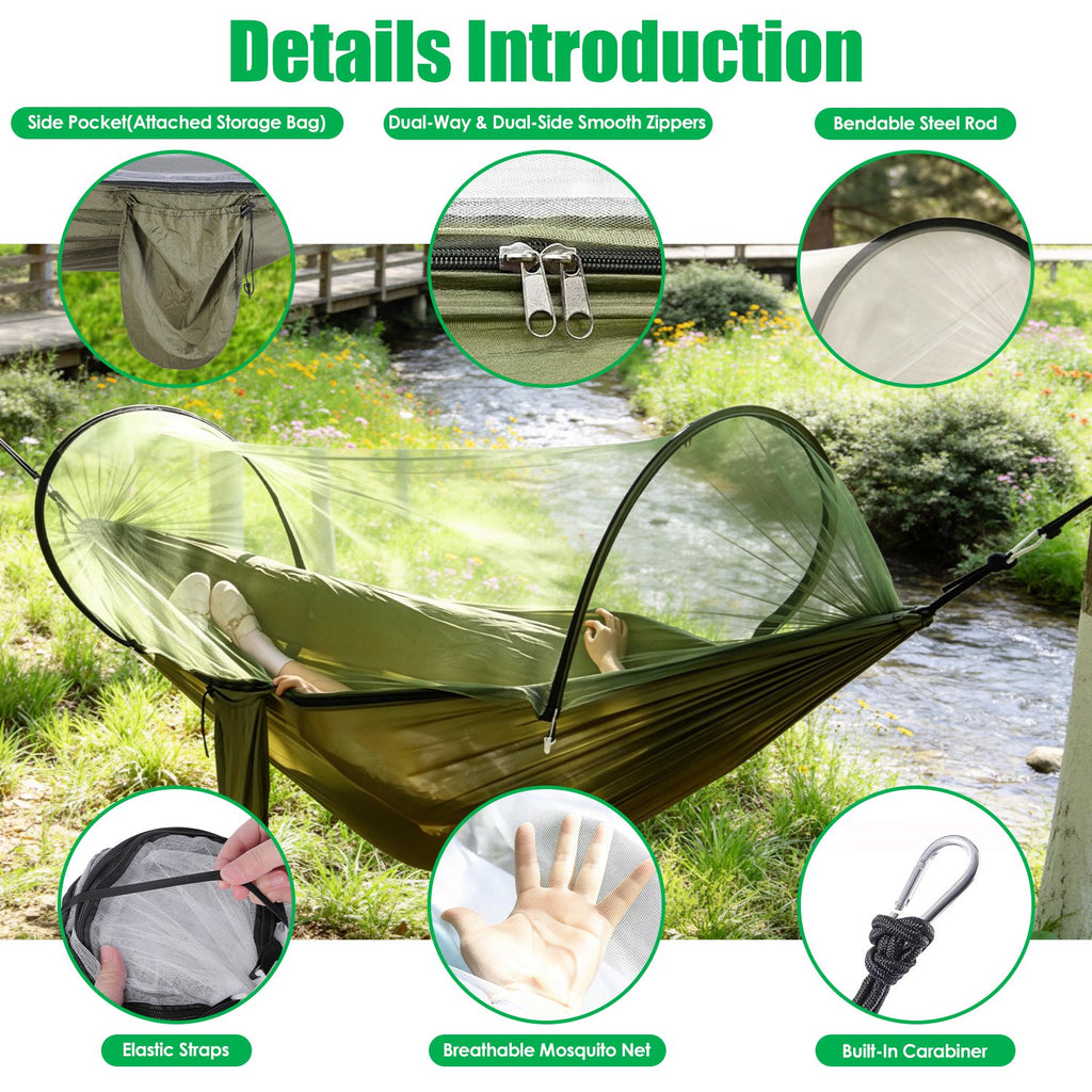 3-in-1 Camping Hammock with Automatic Pop-Up Mosquito Net, Lightweight 70D Nylon Portable Hammock Supports 440lbs, Dual Zipper Outdoor Hammock for Camping Hiking Backpacking Beach Backyard