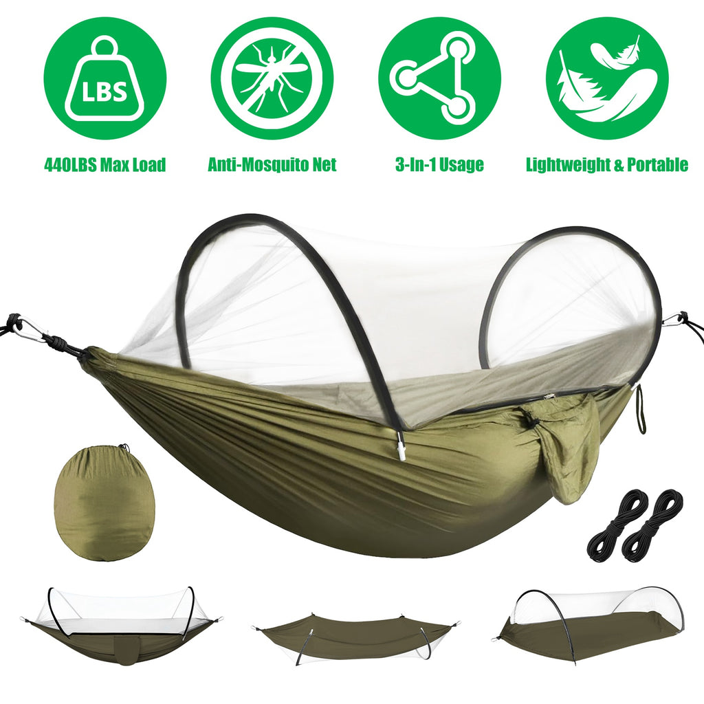 3-in-1 Camping Hammock with Automatic Pop-Up Mosquito Net, Lightweight 70D Nylon Portable Hammock Supports 440lbs, Dual Zipper Outdoor Hammock for Camping Hiking Backpacking Beach Backyard