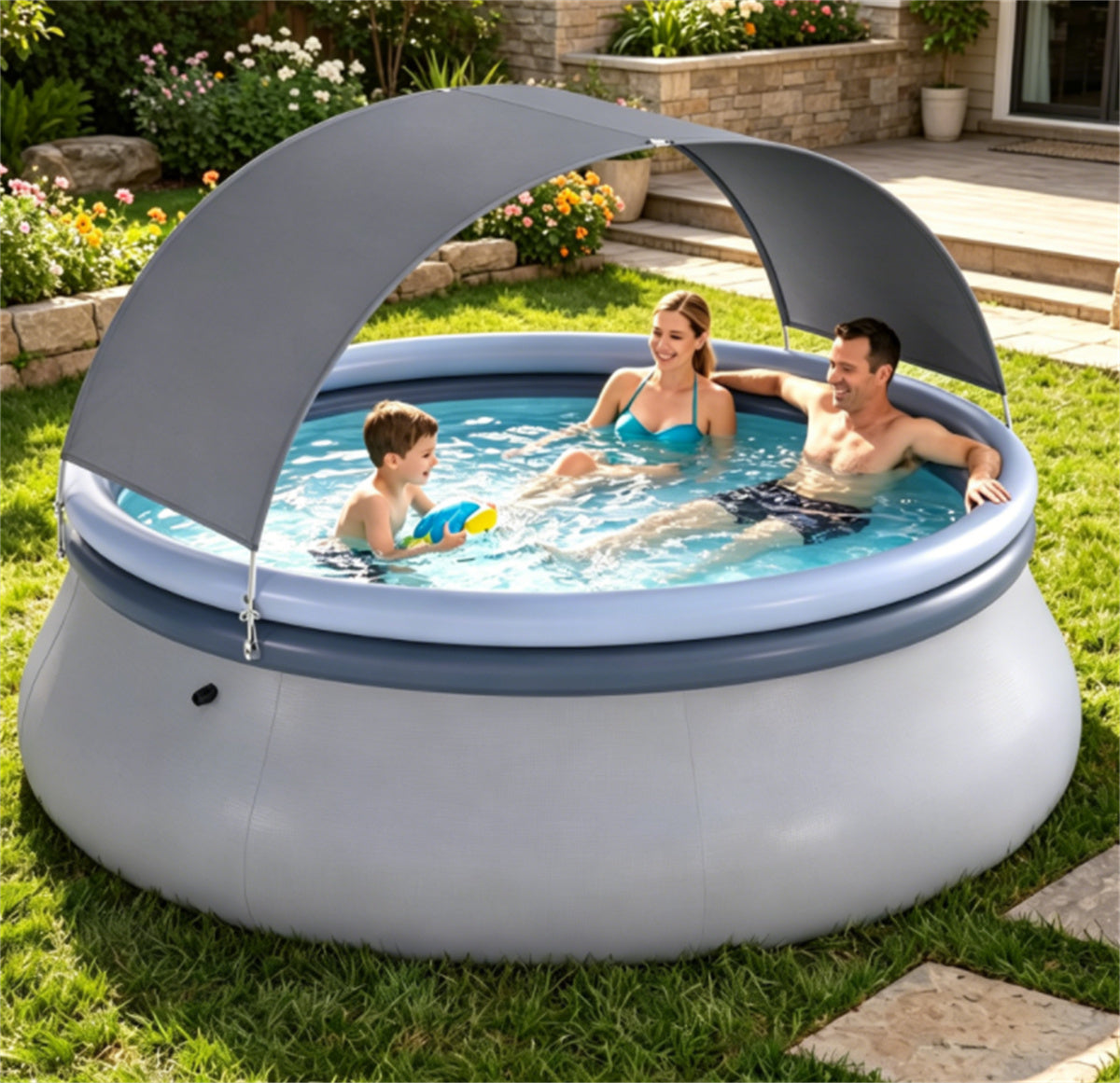 118” x 68” Large Capacity Outdoor Inflatable Pool with Sunshade Tent, Tear‑Resistant PVC Blow‑Up Pool with Repair Kit, 6‑Person Portable Family Swimming Pool
