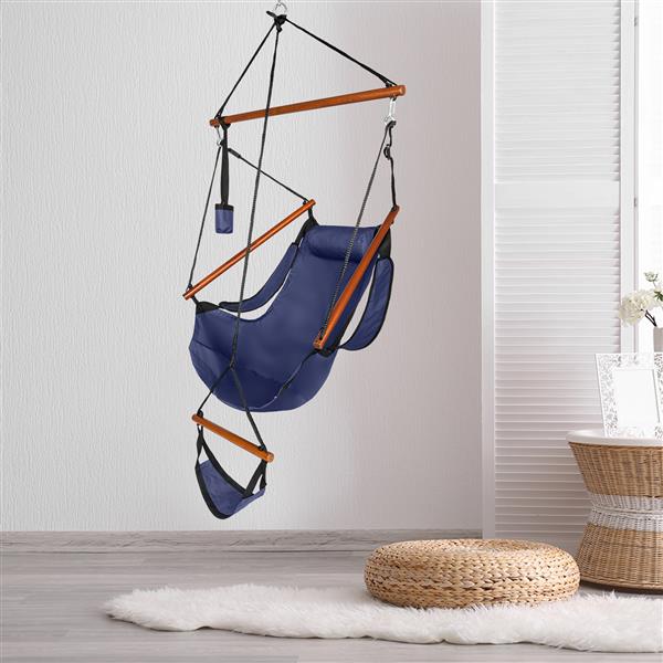 Oxford Cloth Hardwood With Cup Holder Wooden Stick Perforated 100kg Seaside Courtyard Oxford Cloth Hanging Chair   Blue