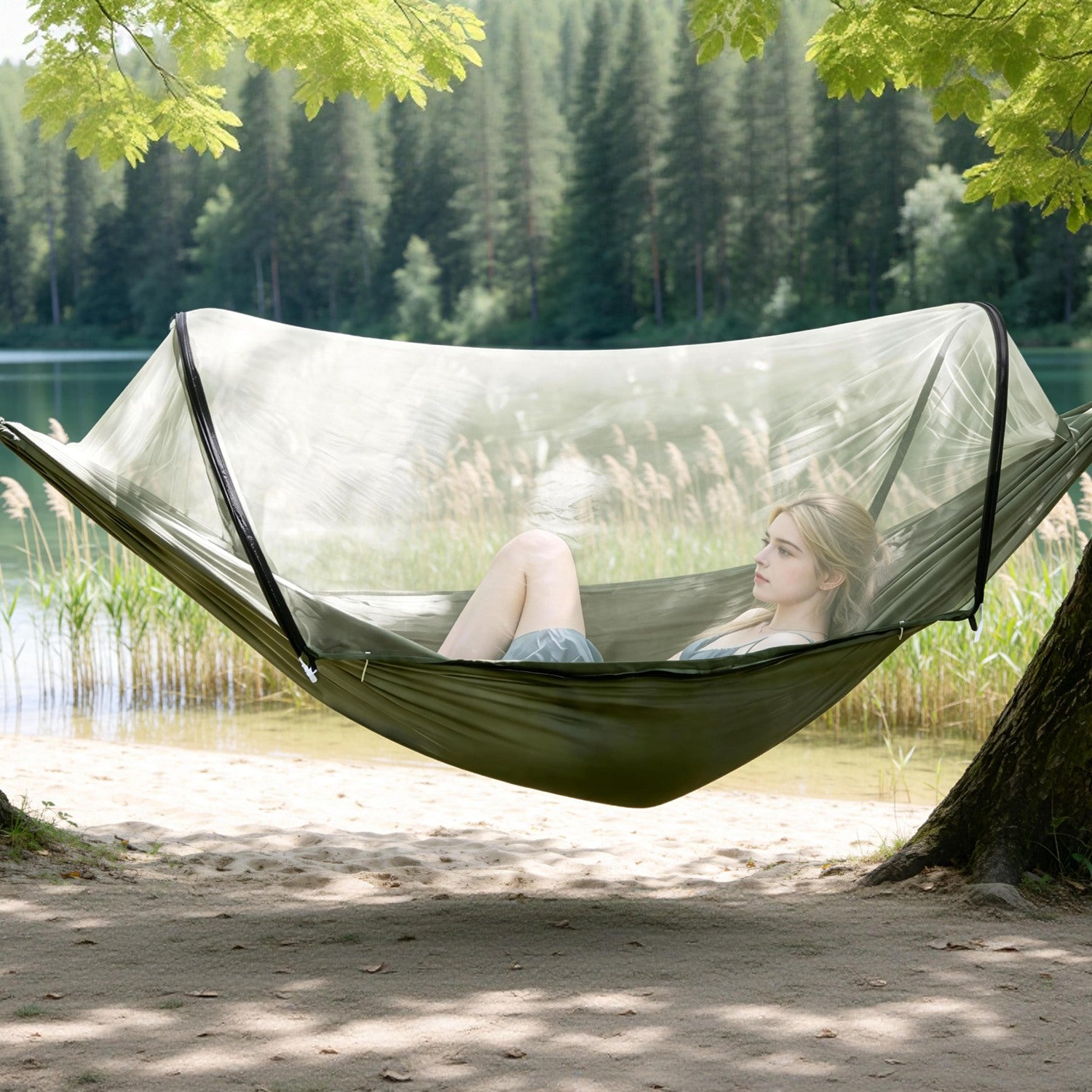 3-in-1 Camping Hammock with Automatic Pop-Up Mosquito Net, Lightweight 70D Nylon Portable Hammock Supports 440lbs, Dual Zipper Outdoor Hammock for Camping Hiking Backpacking Beach Backyard
