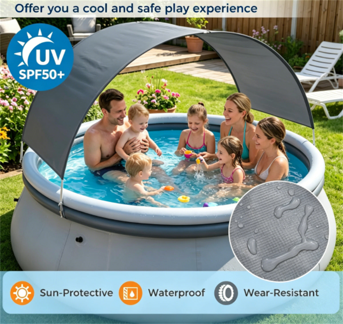 118” x 68” Large Capacity Outdoor Inflatable Pool with Sunshade Tent, Tear‑Resistant PVC Blow‑Up Pool with Repair Kit, 6‑Person Portable Family Swimming Pool