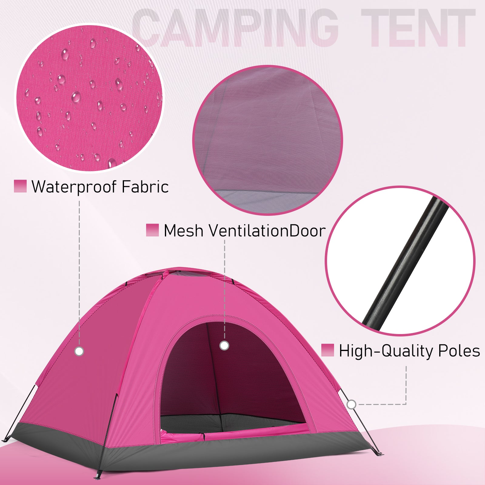 3-4 Person Camping Dome Tent Pink