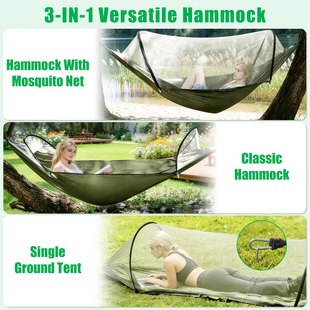 3-in-1 Camping Hammock with Automatic Pop-Up Mosquito Net, Lightweight 70D Nylon Portable Hammock Supports 440lbs, Dual Zipper Outdoor Hammock for Camping Hiking Backpacking Beach Backyard