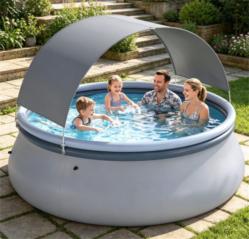 118” x 68” Large Capacity Outdoor Inflatable Pool with Sunshade Tent, Tear‑Resistant PVC Blow‑Up Pool with Repair Kit, 6‑Person Portable Family Swimming Pool